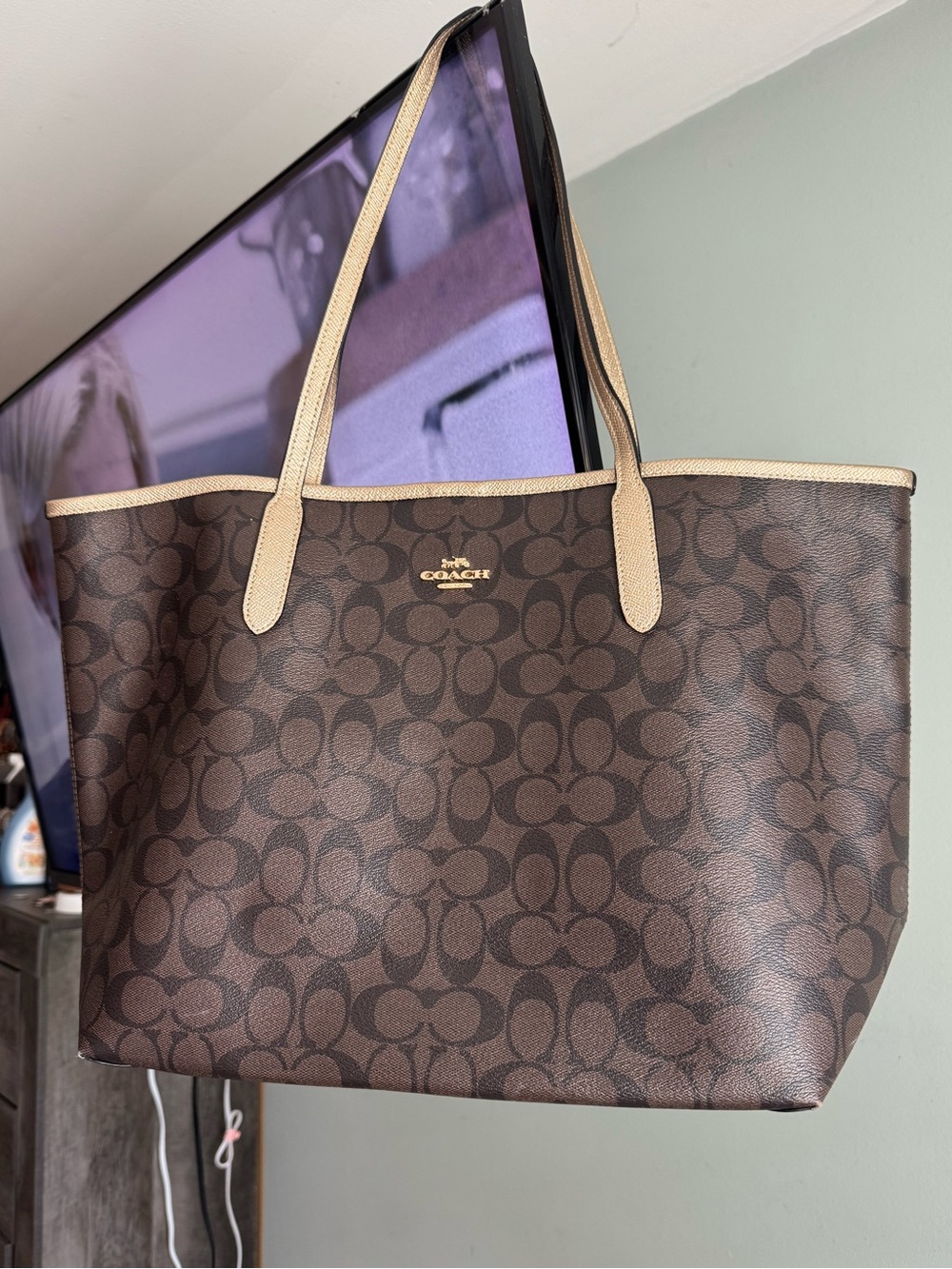 Coach Brown Signature Tote with Beige Trim